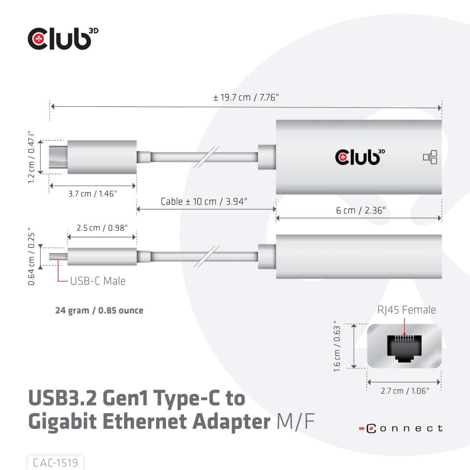Club 3D USB 3.2 Typ-C auf Gigabit Ethernet Adapter