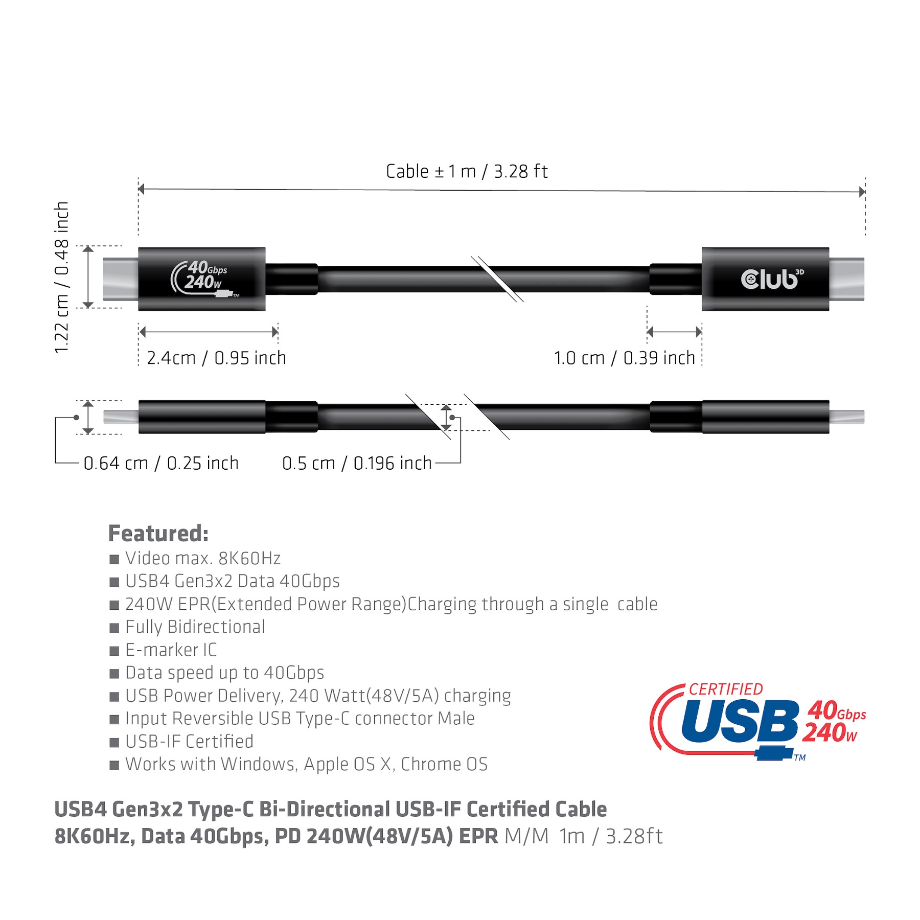Club 3D USB 4 Typ-C Datenkabel - 1m