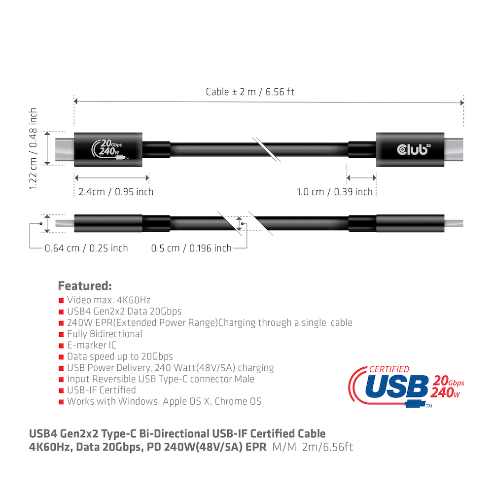 Club 3D USB 4 Typ-C Datenkabel - 2m